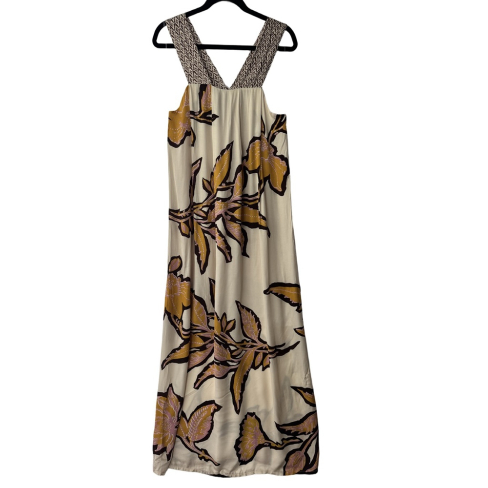 B-YU Floral Maxi Dress Beige Yellow Brown size Large Made in Italy